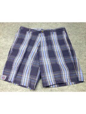 Saddlebred Mens 36W Navy Plaid Flat Front Shorts 9" Inseam At The Knee Casual St